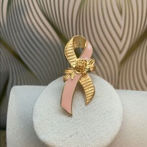 Avon Breast Cancer Gold and Pink Floral Ribbon Brooch